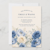 Blauw & Crème Roos Bloemige Bruiloft Kaart (Voorkant)