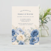 Blauw & Crème Roos Bloemige Bruiloft Kaart (Staand voorkant)