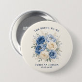 Blauw & Crème Roos Bloemstuk Bruidsfeest Ronde Button 7,6 Cm (Voorkant /achterkant)