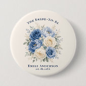 Blauw & Crème Roos Bloemstuk Bruidsfeest Ronde Button 7,6 Cm (Voorkant)