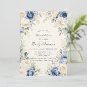 Blauw & Crème Roos Bloemstuk Bruiloft Kaart (Staand voorkant)