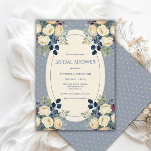 Blauw & Crème Stippen Bloemrijke Elegante Bruidsdo Kaart