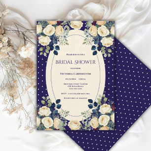 Blauw & Crème Stippen Bloemrijke Elegante Bruidsui Kaart