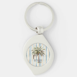 Blauw Crème Strepen Tropische Palmboom Sleutelhanger