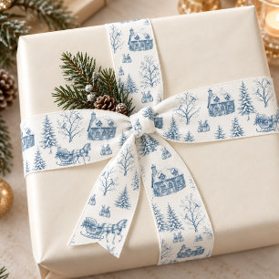Blauw Crème Vintage Kerst Toile Paardenslee Satijnen Lint