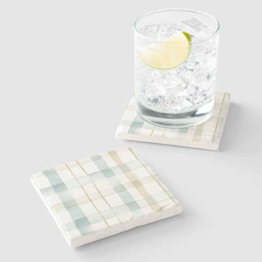 Blauw Crème Wit Geruit Stenen Onderzetter (Zijkant)