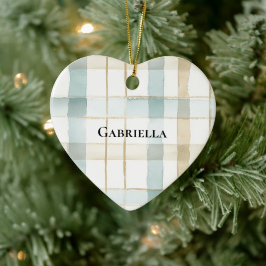 Blauw Crème Wit Geruit Strepen Kerst Keramisch Ornament (Boom)