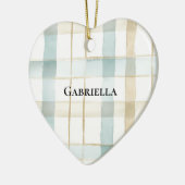 Blauw Crème Wit Geruit Strepen Kerst Keramisch Ornament (Links)