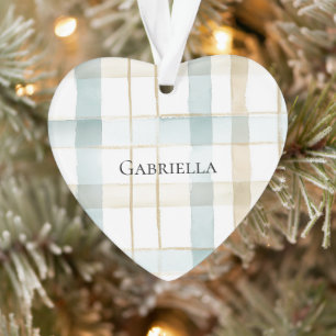Blauw Crème Wit Plaid Strepen Kerstmis Ornament