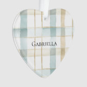 Blauw Crème Wit Plaid Strepen Kerstmis Ornament (voorkant)
