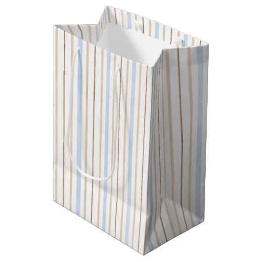 Blauw Crème Witte Strepen Bruidsfeest Medium Cadeauzakje (Voorkant Gekanteld)