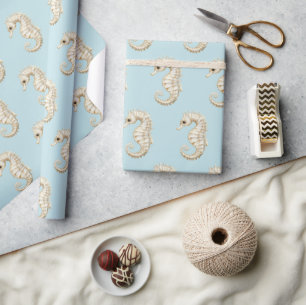 Blauw Crème Zeepaarden Oceaan Strand Verjaardag Cadeaupapier