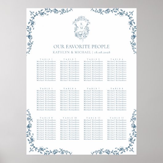Blauw  Crest Bruiloft 12 Tafel Zitkaart Poster (Voorkant)