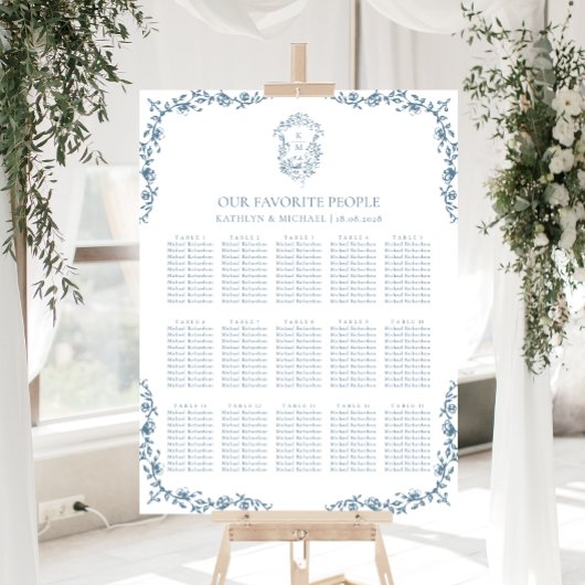 Blauw  Crest Bruiloft 15 Tafel Zitkaart Poster