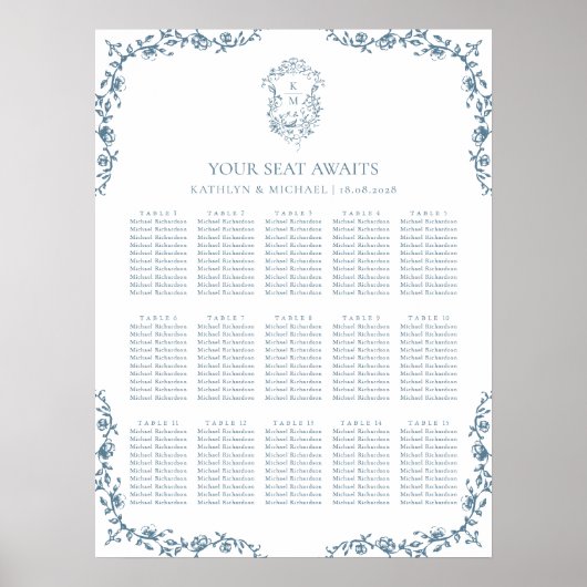 Blauw  Crest Bruiloft 15 Tafel Zitkaart Poster (Voorkant)