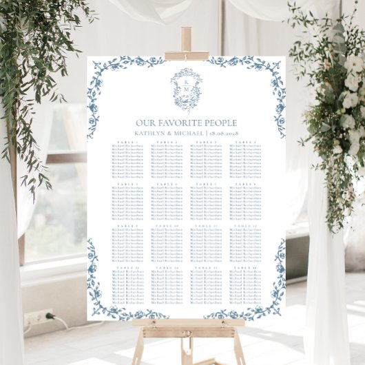 Blauw  Crest Bruiloft 16 Tafel Zitkaart Poster