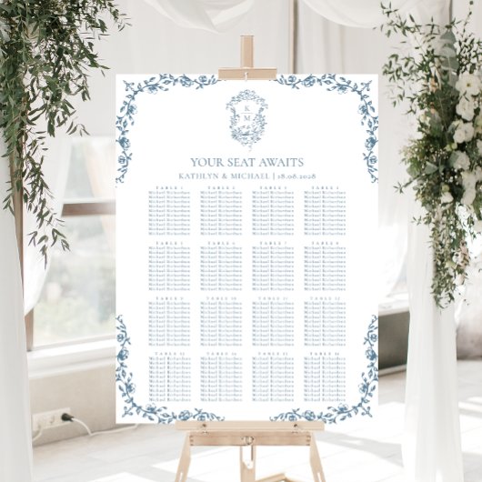 Blauw  Crest Bruiloft 16 Tafel Zitkaart Poster
