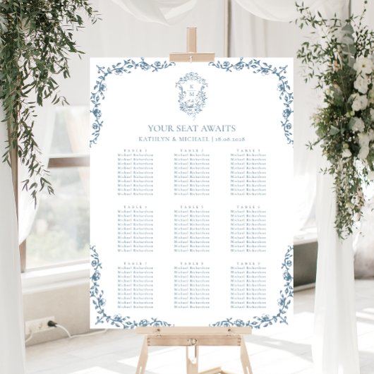 Blauw  Crest Bruiloft 9 Tafel Zitgrafiek Poster