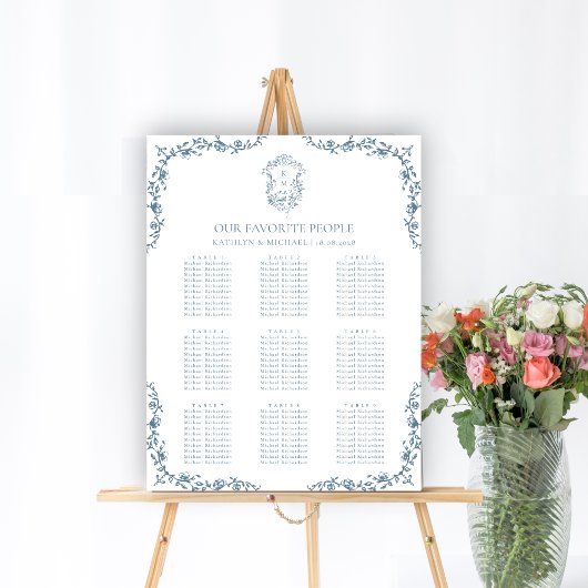 Blauw Crest Bruiloft 9 Tafel Zitgrafiek Poster