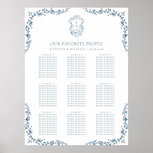 Blauw Crest Bruiloft 9 Tafel Zitgrafiek Poster (Voorkant)