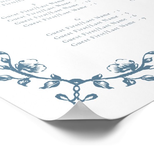 Blauw  Crest Bruiloft Alfabetische Zitplaatsen Poster (Hoek)