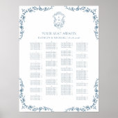 Blauw  Crest Bruiloft Alfabetische Zitplaatsen Poster (Voorkant)