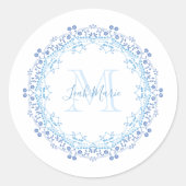 Blauw Custom Floral Monogram Elegant Stijlvol Ronde Sticker (Voorkant)