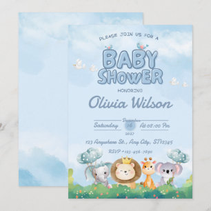 Blauw Cute Dieren Baby Shower Uitnodiging