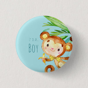 Blauw Cute Monkey Baby Boy Aankondiging 2 Ronde Button 3,2 Cm