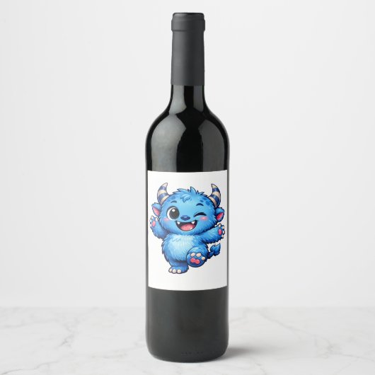 Blauw Cute Monster Wijn Etiket (Voorkant)
