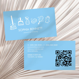 Blauw Cute Schoonmaakgereedschap Aangepaste QR-cod Visitekaartje