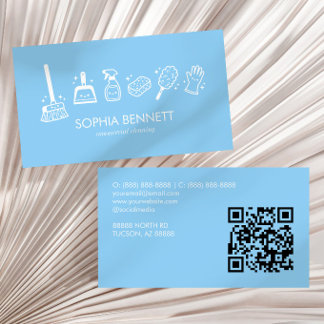 Blauw Cute Schoonmaakgereedschap Aangepaste QR-cod Visitekaartje