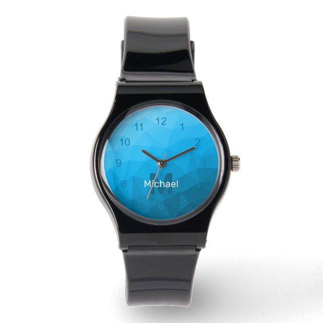 Blauw cyaan geometrisch maaspatroon Monogram horlo Horloge (Voorkant)