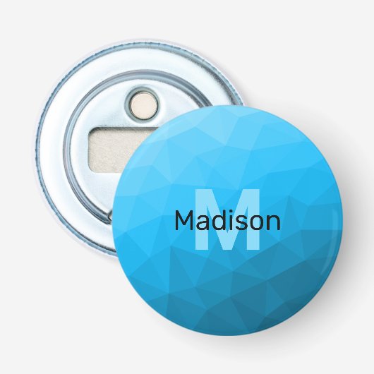 Blauw cyaan gradiënt geometrisch maaspatroon Monog Button Flesopener (Voorkant)