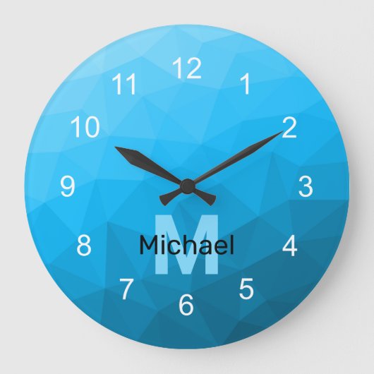 Blauw cyaan gradiënt geometrisch maaspatroon Monog Grote Klok (Voorkant)