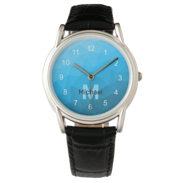 Blauw cyaan gradiënt geometrisch maaspatroon Monog Horloge (Voorkant)
