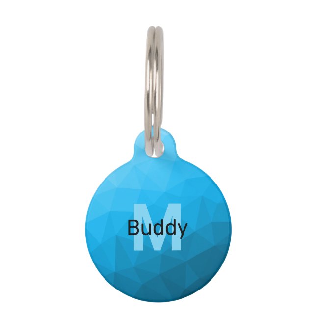 Blauw cyaan gradiënt geometrisch maaspatroon Monog Huisdierpenning (Voorkant)