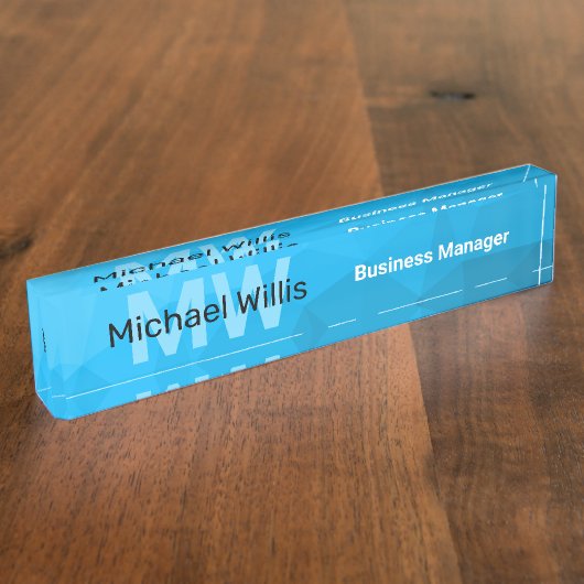 Blauw cyaan gradiënt geometrisch maaspatroon Monog Naambordje (Zijkant)