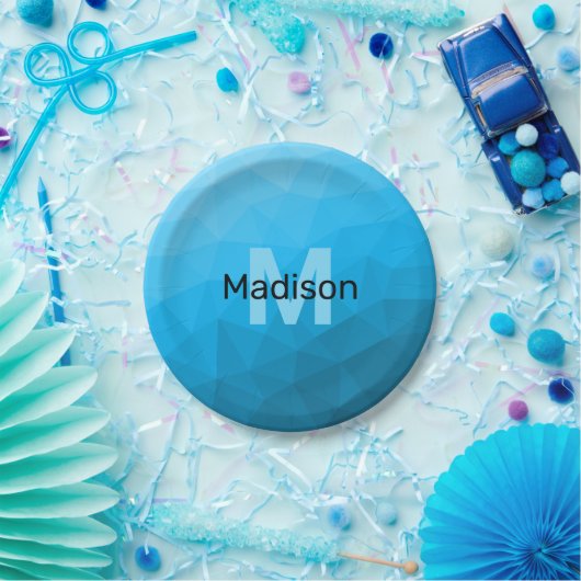 Blauw cyaan gradiënt geometrisch maaspatroon Monog Papieren Bordje (Feest)