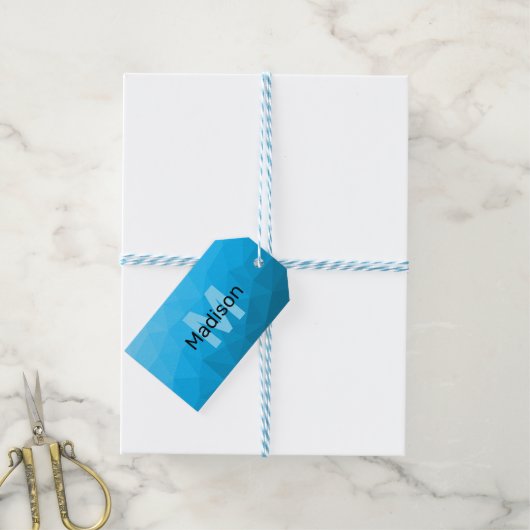 Blauw cyaan verloop geometrisch mesh patroon Monog Cadeaulabel (Met Touw)