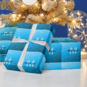Blauw cyaan verloop geometrisch mesh patroon Monog Cadeaupapier