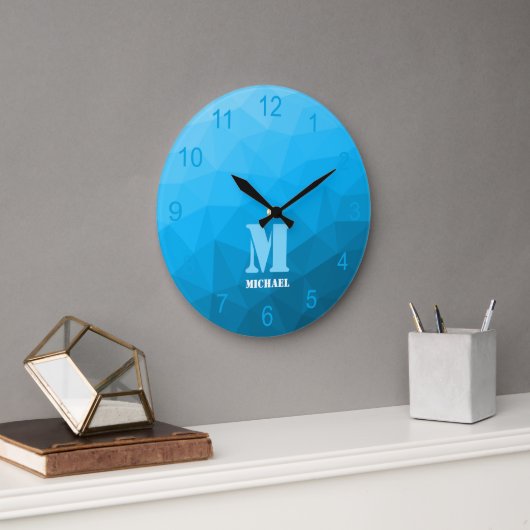 Blauw cyaan verloop Geometry Mesh Patroon Monogram Grote Klok (Kantoor)