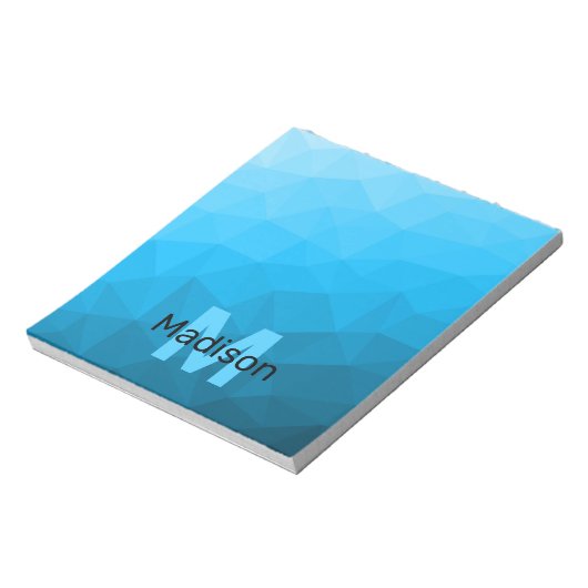 Blauw cyan geometrisch mesh patroon Monogram Notitieblok (Linkerzijde)
