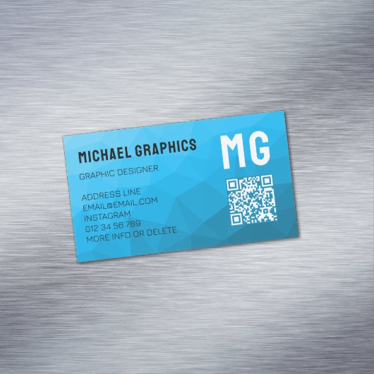 Blauw cyan verloop geometrisch meshpatroon QR-code Magnetisch Visitekaartje (Voorbeeld)