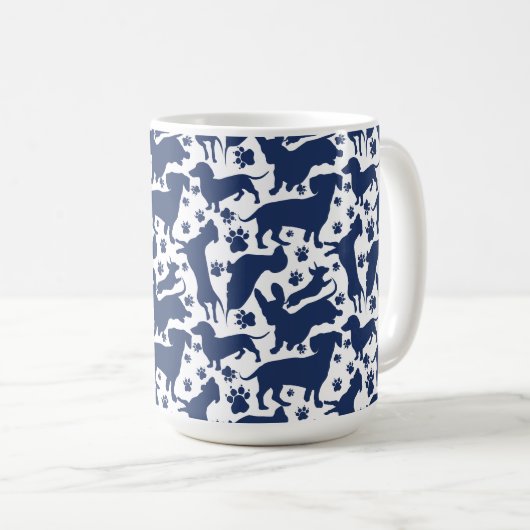 Blauw Dachshund Pattern-Sierkussen Koffiemok (Voorkant rechts)