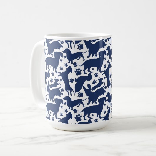 Blauw Dachshund Pattern-Sierkussen Koffiemok (Voorkant links)