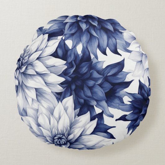 Blauw Dahlia bloemenpatroon 1 Rond Kussen (Voorkant)