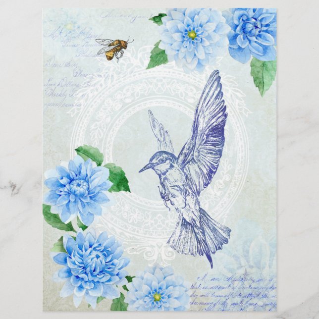  Blauw-Dahlia & Hummingbird Scrapbook Paper (Voorkant)