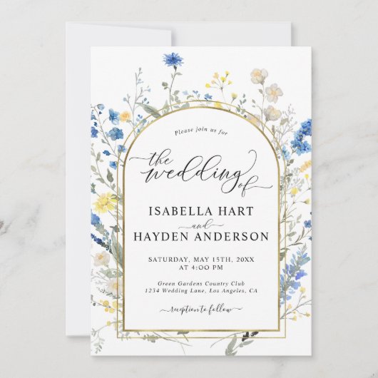 Blauw Dainty Floral Goud Alles in 1 QR Code Trouwe Kaart (Voorkant)