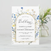 Blauw Dainty Floral Goud Alles in 1 QR Code Trouwe Kaart (Staand voorkant)